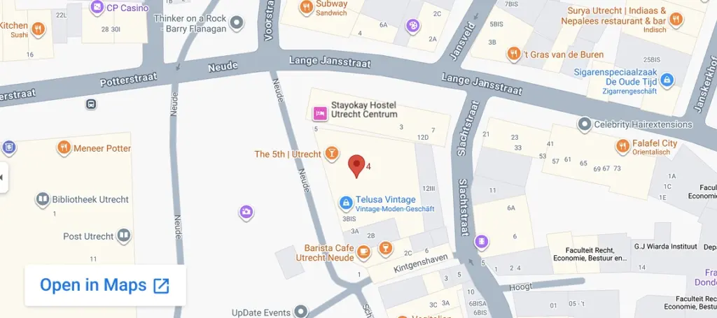 Screenshot van Google Maps met de locatie van Neude 4, 3512 AD Utrecht, Nederland