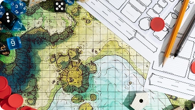 Fantasiekaart met dobbelstenen, karakterbladen, potloden en speelfiches voor een tabletop RPG-sessie.